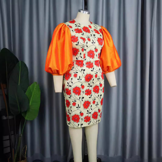 Damen figurbetontes Kleid mit voluminösen Puffärmeln und floralem Design R&B