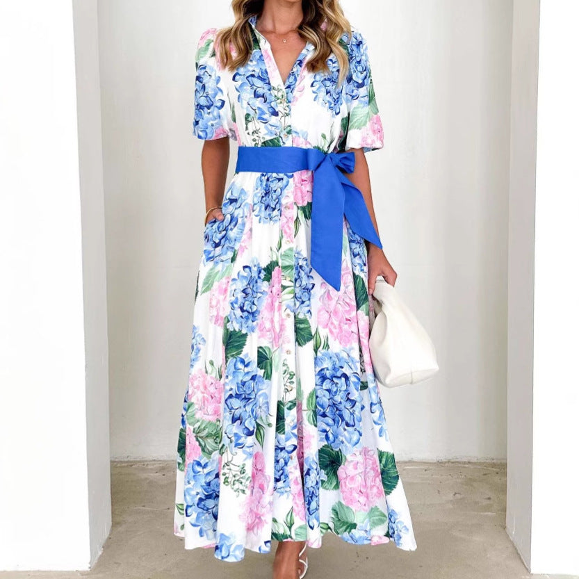 Damen Maxi-Kleid mit Bundfalten und Taillengürtel R&B