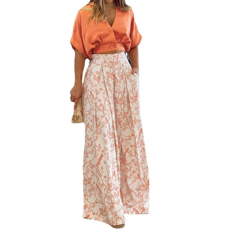 Damen Crop-Top Kombi-Anzug mit Weitem Rock und Floralem Muster R&B