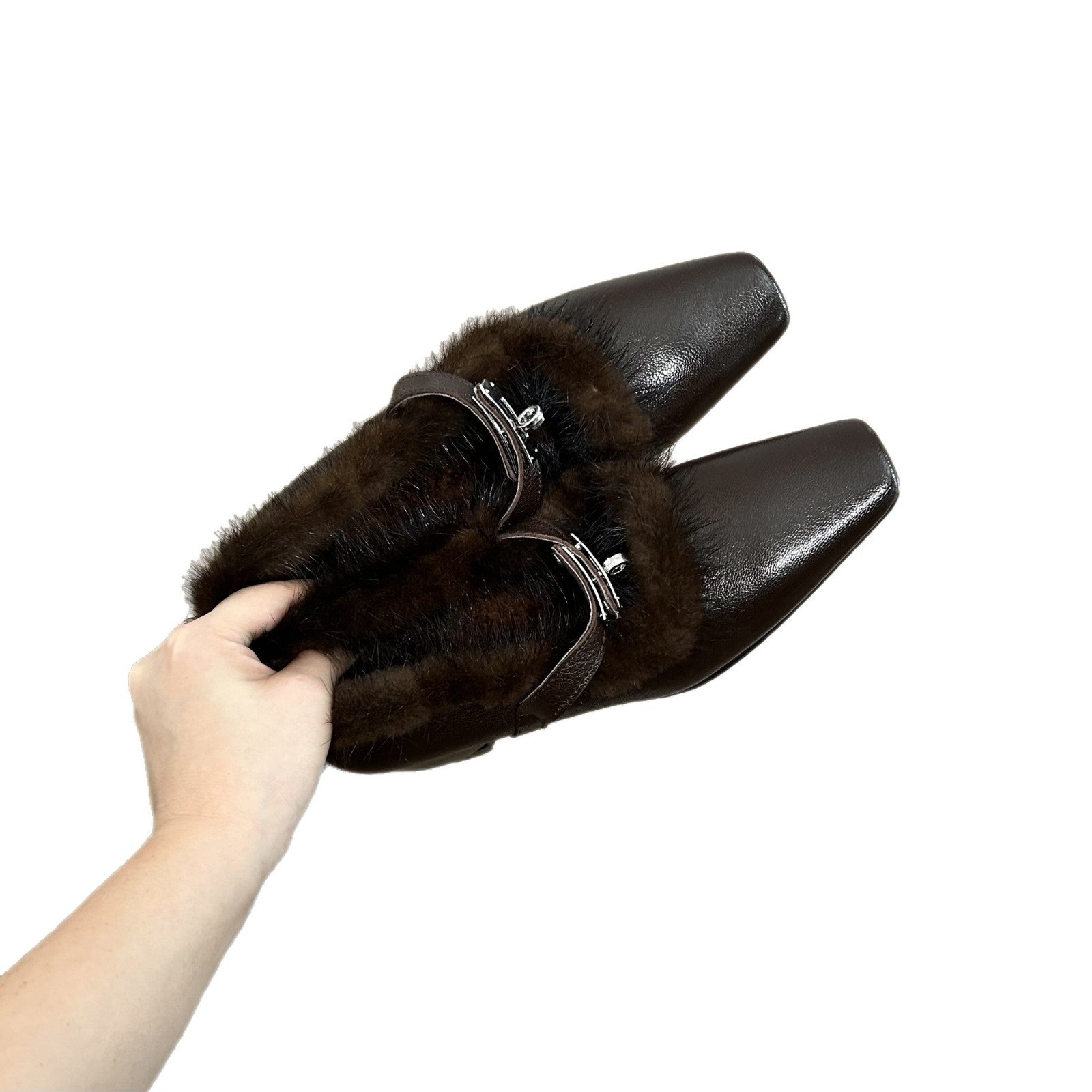 Damen elegante Ballerina-Schuhe mit Kuschelfell-Besatz und schickem Riemen