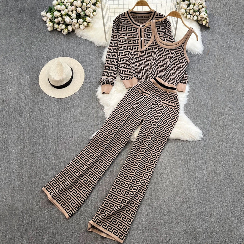 Damen modisches Strick-Loungewear-Set mit geometrischem Muster und Cardigan R&B