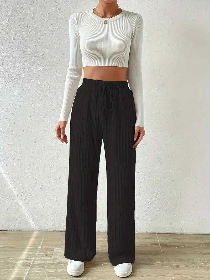 Damen Palazzo-Hose mit vertikalem Kordeldesign und elastischem Bund R&B