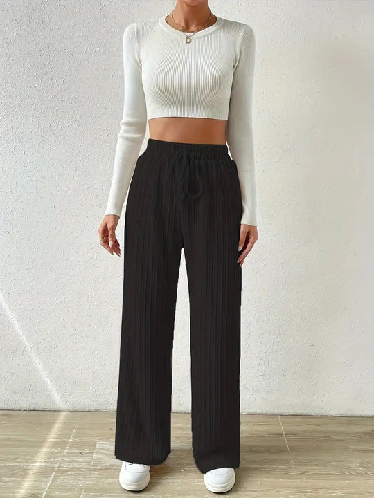 Damen Palazzo-Hose mit vertikalem Kordeldesign und elastischem Bund R&B