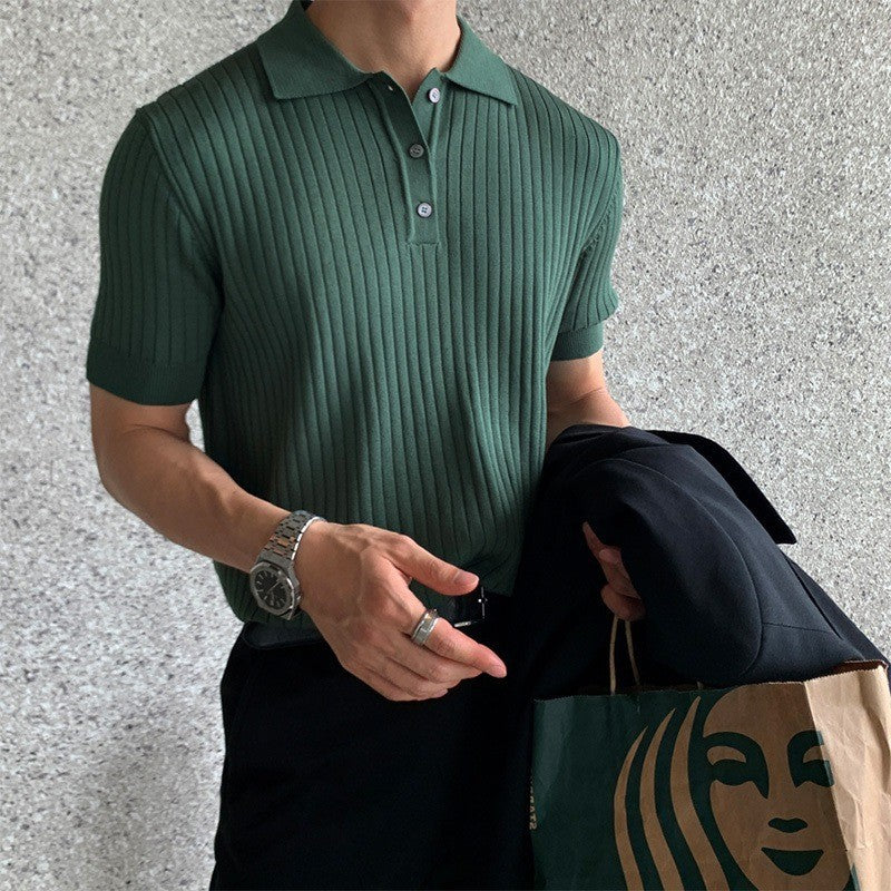 Herren nan schmal geschnittenes geripptes Poloshirt aus Feinstrick mit Kurzarm und Polokragen R&B