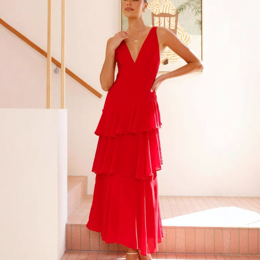 Damen Maxi-Kleid mit eleganten Volants und tiefem V-Ausschnitt R&B