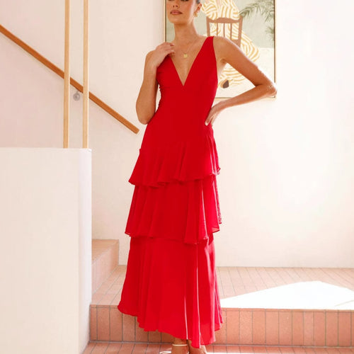 Damen Maxi-Kleid mit eleganten Volants und tiefem V-Ausschnitt R&B