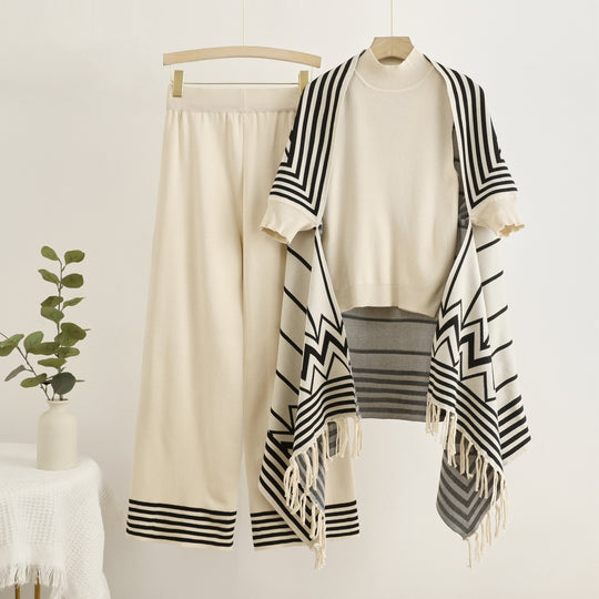 Damen elegantes Strick-Kombinationsset mit hochgeschlossenem Oberteil und weiten Hosen R&B