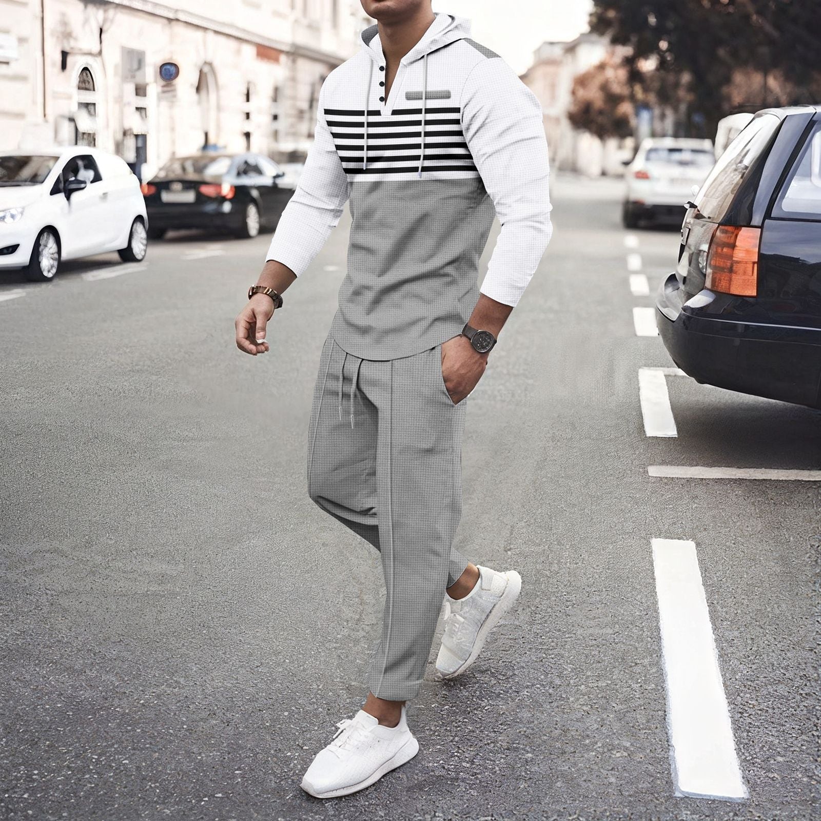 Herren nan urbanes Kapuzen-Henley Freizeitset mit Streifenpasse und gekürzter Joggerhose R&B