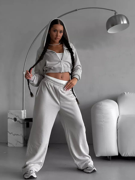 Damen Sportliches Zipper Hoodie und weite Jogginghose Set R&B