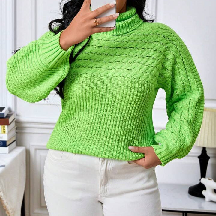Damen Lockere Strickpullover mit hohem Kragen und ausgefallenem Zopfmuster R&B