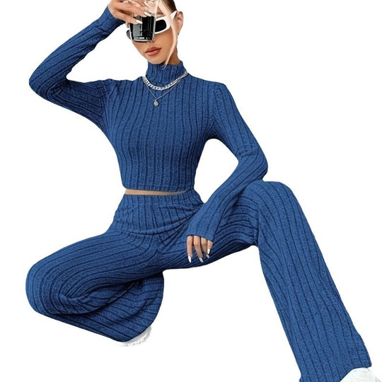 Damen Zweiteiliges Set mit hochgeschlossenem Pullover und ausgestellter Hose R&B