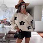 Damen Grobstrickpullover mit folkloristischen Blumenmustern und lässigem Schnitt R&B