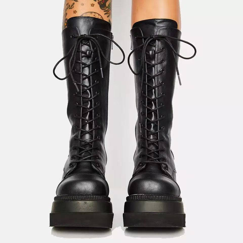 Damen Hochwertige Schnürstiefel mit Plateauabsatz und seitlichem Reißverschluss R&B