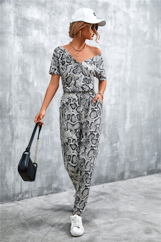 Damen elegante Jumpsuit im Snake-Print-Stil mit Taillengürtel und V-Ausschnitt R&B