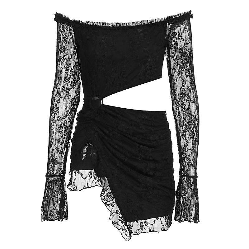 Damen Spitzenkleid mit asymmetrischem Saum und schulterfreiem Design R&B