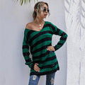 Damen gestreifter Oversized Pullover mit tiefem V-Ausschnitt und trendigen Cut-Outs R&B