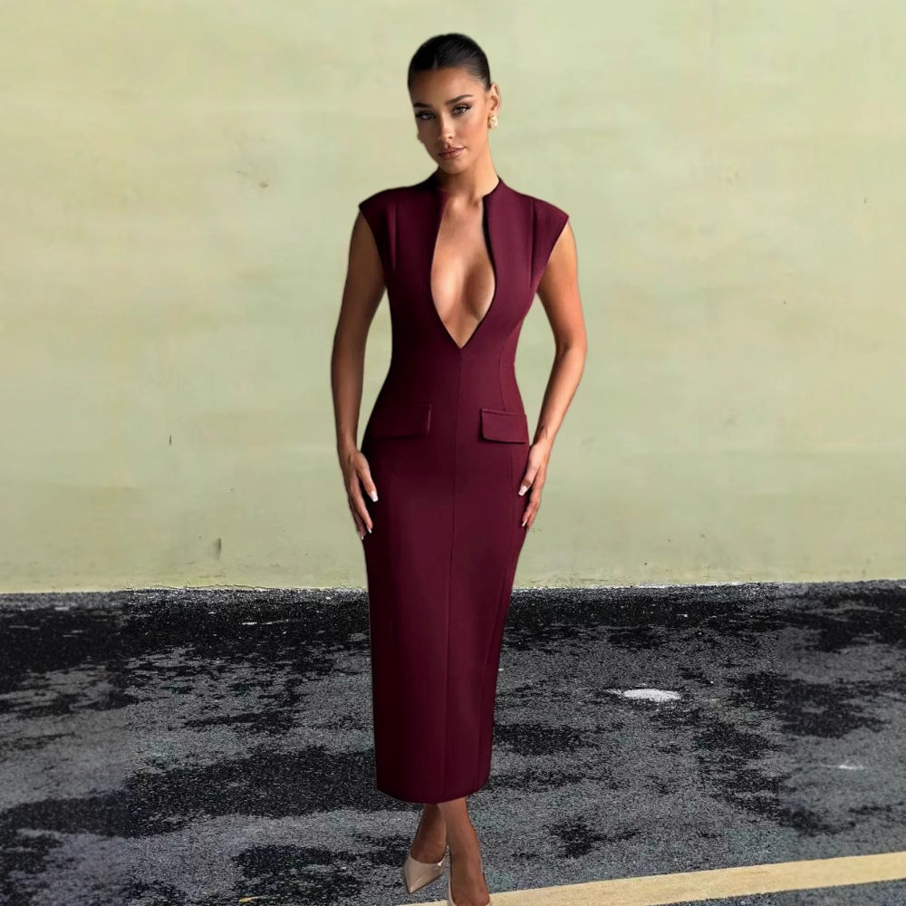 Damen figurbetontes Kleid mit tiefem V-Ausschnitt und eleganten Taschen R&B
