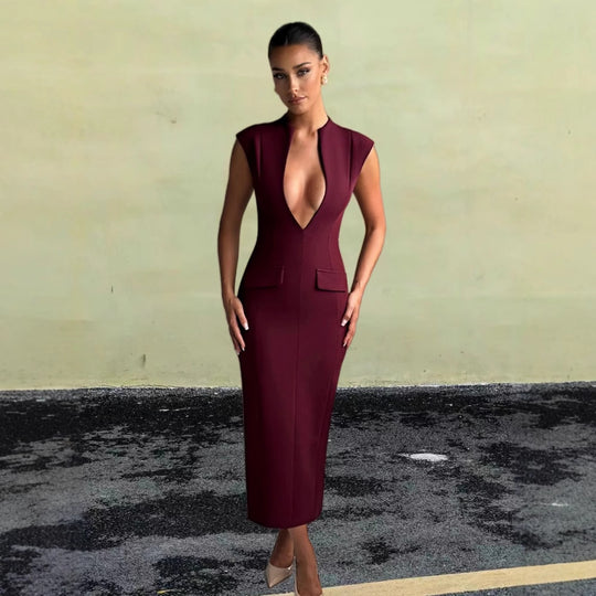 Damen figurbetontes Kleid mit tiefem V-Ausschnitt und eleganten Taschen R&B