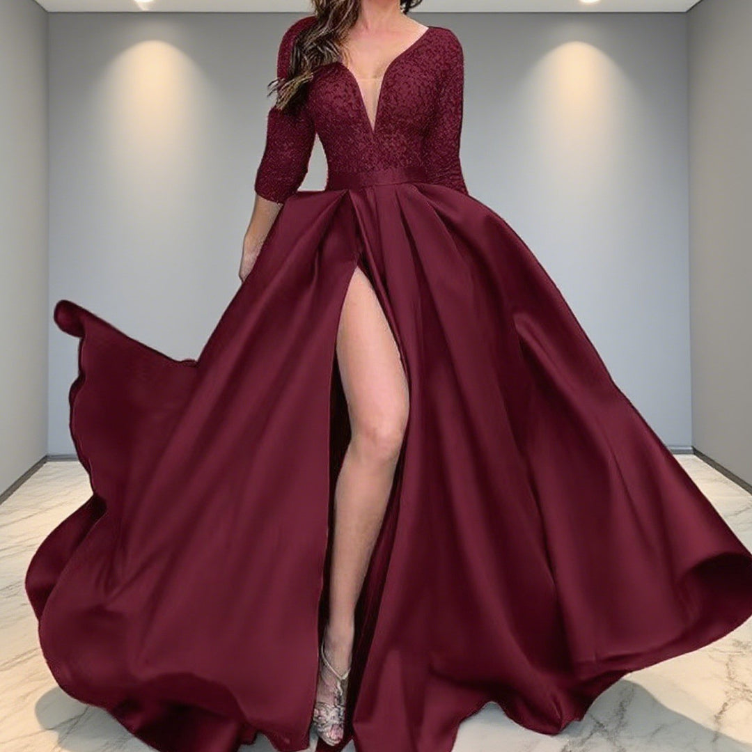 Damen Elegantes Abendkleid mit tiefem Schlitz und aufwendiger Spitzenverzierung R&B