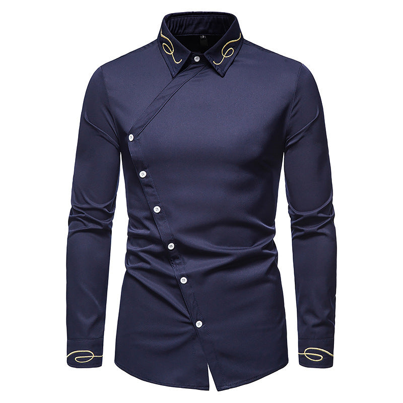 Herren Elegantes Langarmhemd mit asymmetrischem Knopfdesign und gesticktem Kragen R&B