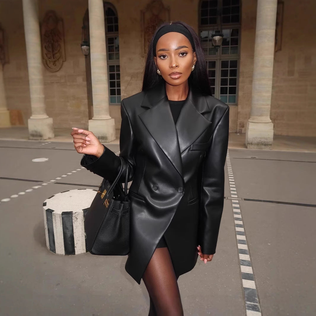 Damen stilvolle Kunstlederblazerjacke mit oversized Schnitt R&B