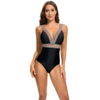 Damen Eleganter Einteiler Badeanzug mit tiefem V-Ausschnitt und funkelnden Akzenten R&B
