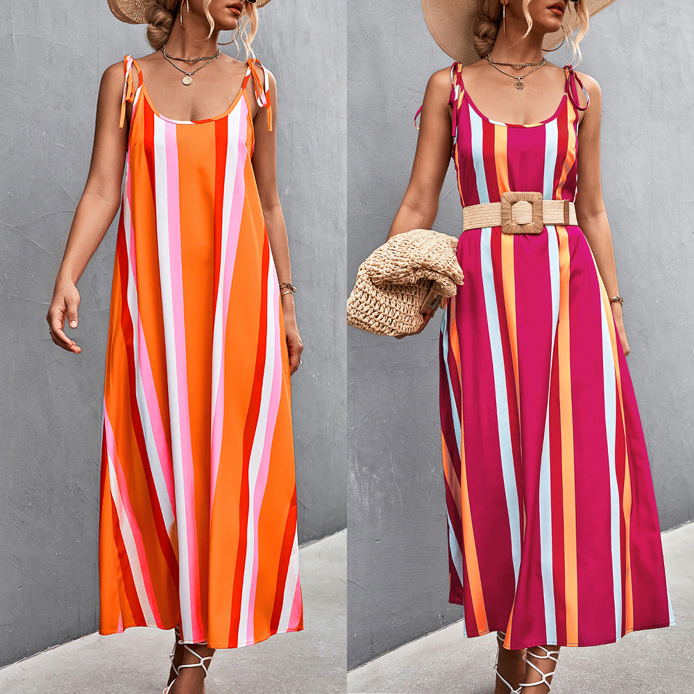 Damen Maxikleid mit modischen Streifen und taillierendem Gürtel R&B