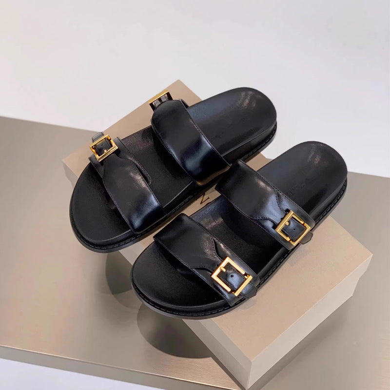 Damen modische Sandalen mit doppeltem Riemendesign und goldenen Schnallen R&B