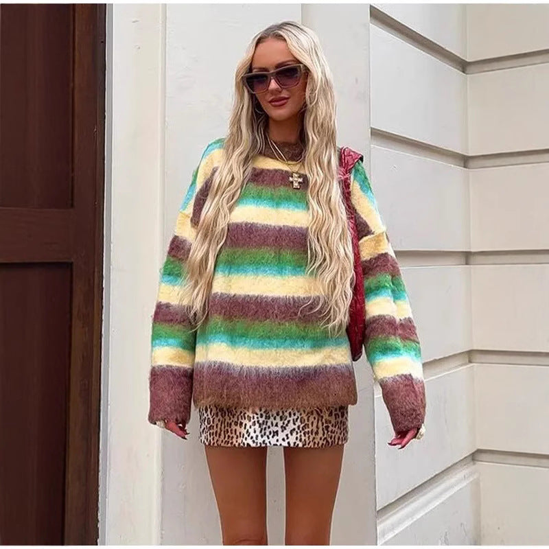 Damen Oversized Strickpullover mit farbenfrohen Streifen R&B