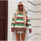 Damen Oversized Strickpullover mit farbenfrohen Streifen