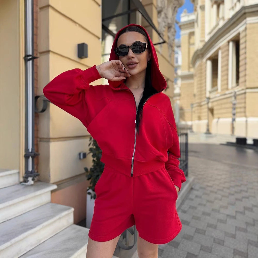 Damen lässiges Cropped Hoodie- und Shorts-Set mit praktischen Kordelzügen R&B