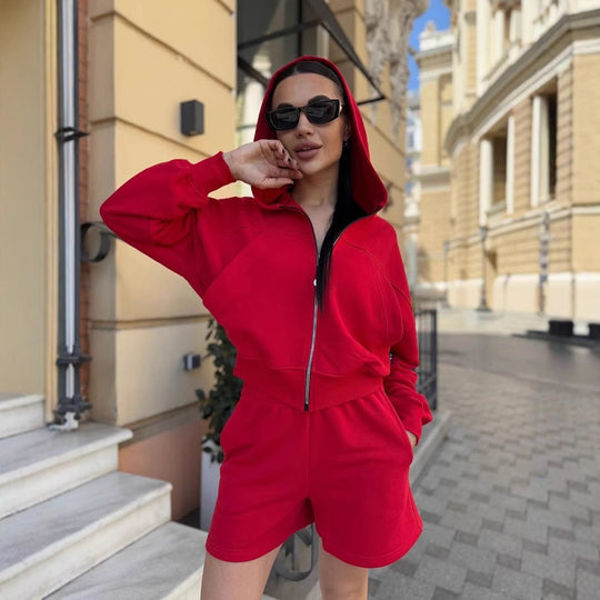 Damen lässiges Cropped Hoodie- und Shorts-Set mit praktischen Kordelzügen R&B