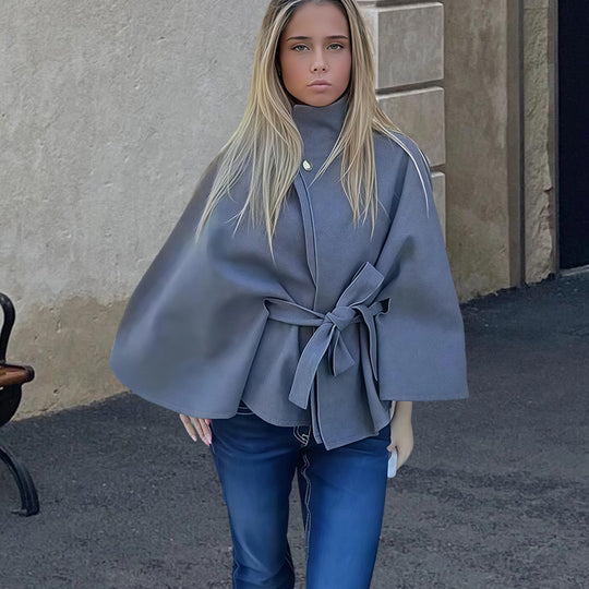 Damen Kapuzenjacke mit Wickelgürtel und elegantem Stehkragen R&B