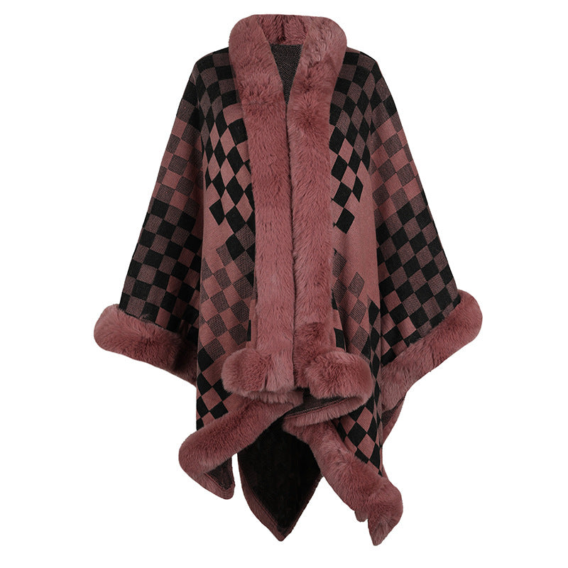 Damen eleganter Strickponcho mit luxuriösem Kunstfellbesatz und geometrischem Muster R&B