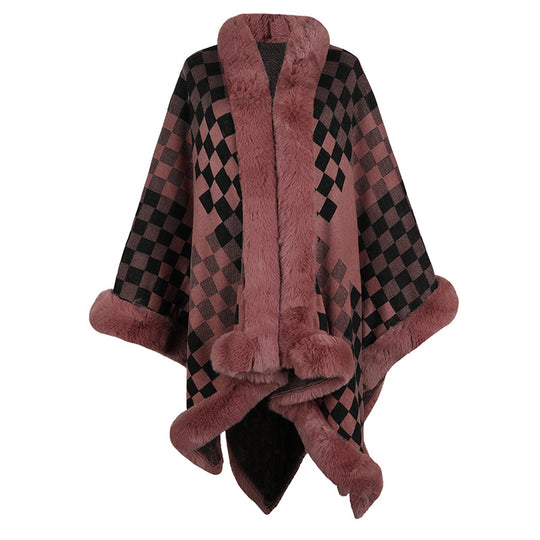 Damen eleganter Strickponcho mit luxuriösem Kunstfellbesatz und geometrischem Muster R&B