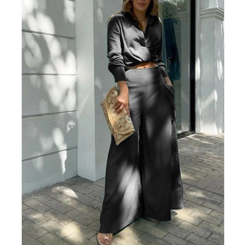 Damen Elegantes und lässiges Zweiteiler-Set mit Crop-Top und weitem Palazzo-Hosen R&B