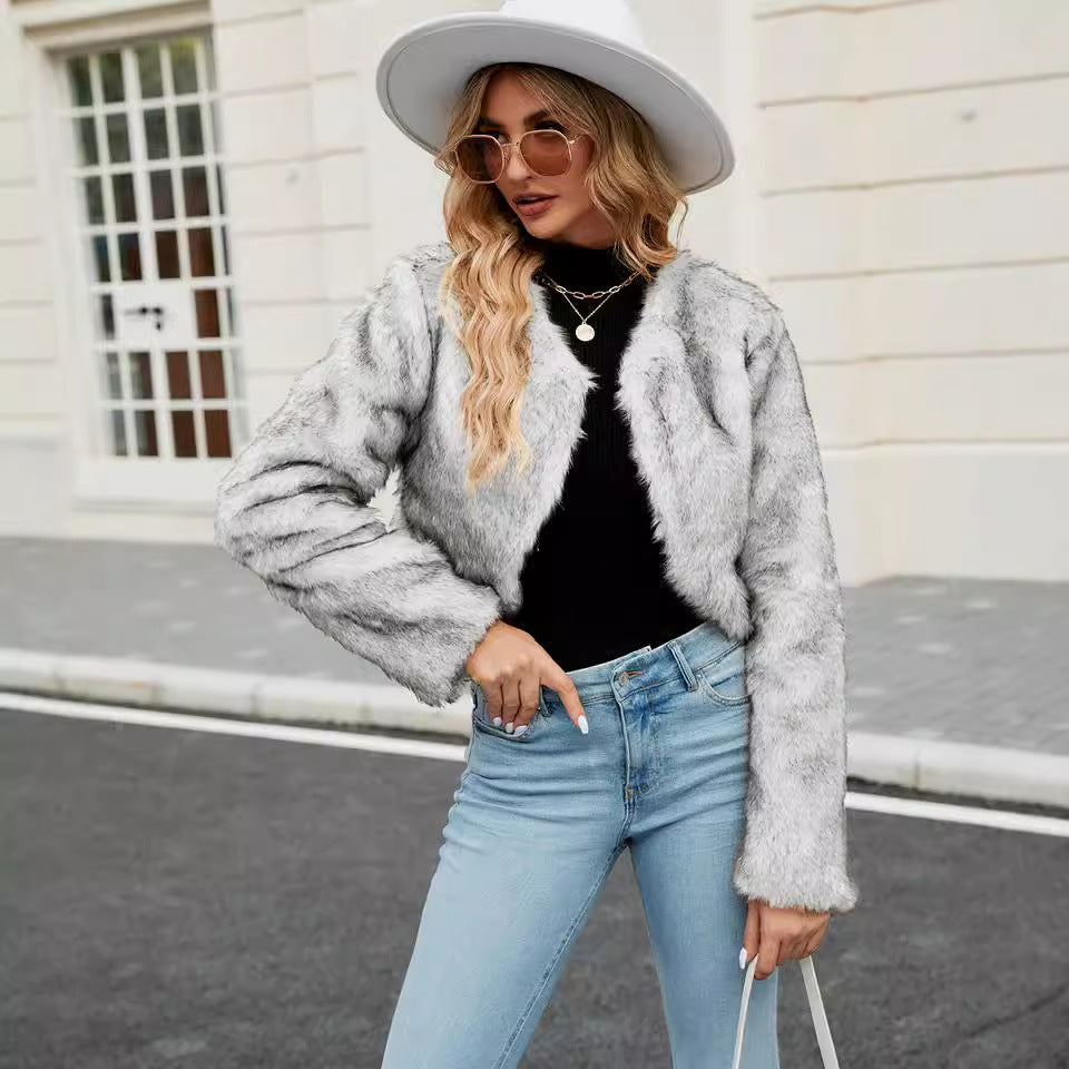 Damen Kurzjacke aus Kunstpelz mit weitem Schnitt und flauschigen Ärmeln R&B