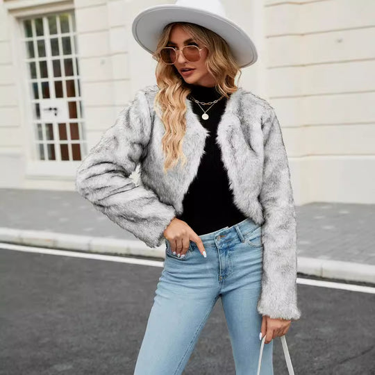 Damen Kurzjacke aus Kunstpelz mit weitem Schnitt und flauschigen Ärmeln R&B