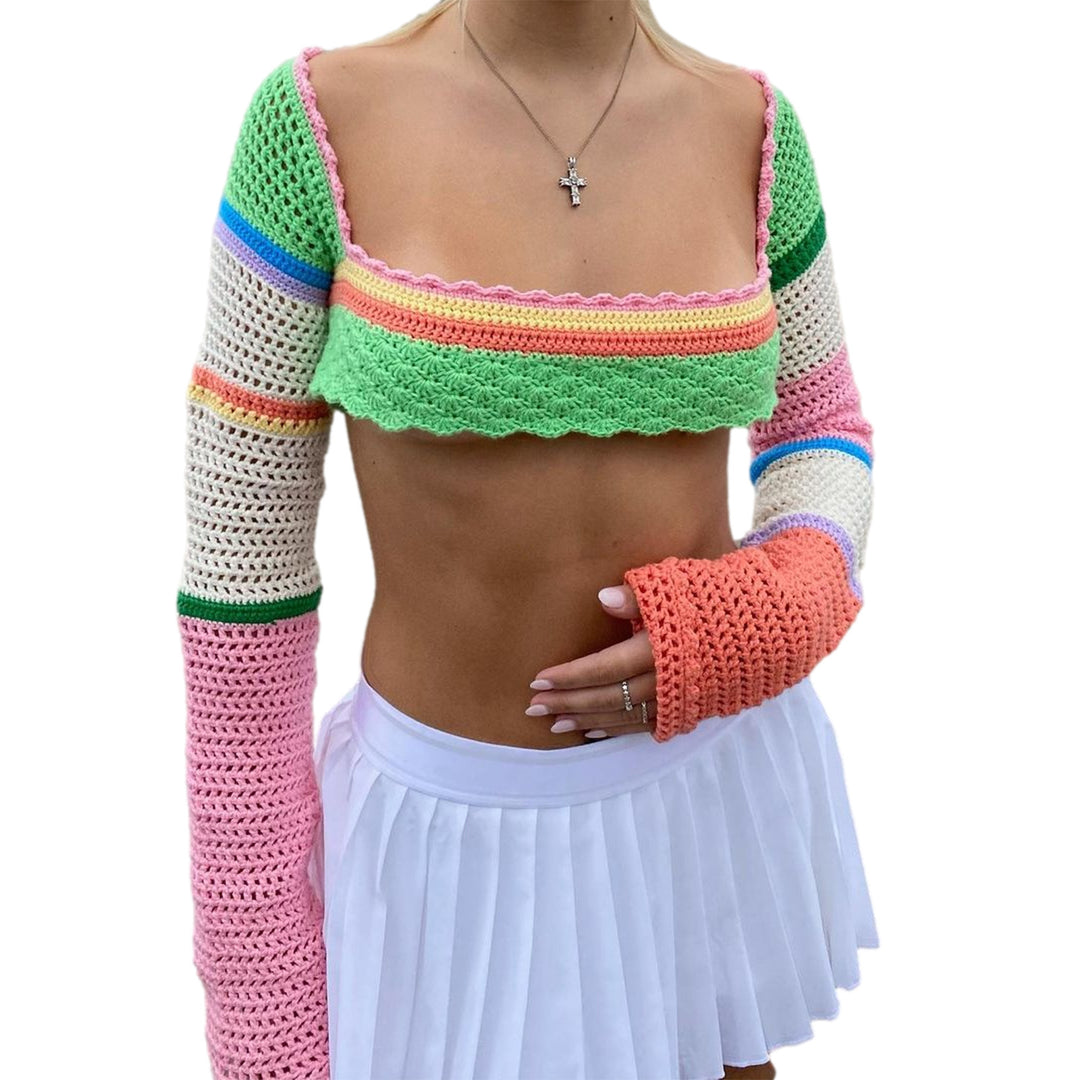 Damen gehäkeltes Crop-Top mit langem Arm und bunten Streifen R&B