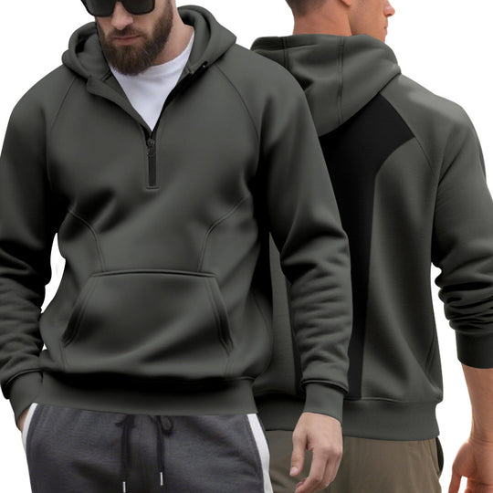 Herren nan Halbzip-Kapuzenpullover im minimalistischen Softshell-Look mit Kängurutasche und Raglanärmeln R&B