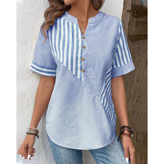 Damen Kurzarm Blusenshirt im gestreiften Design mit Knopfdetails R&B