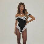 Damen Elegantes Wickelbody mit Spitzenbesatz R&B