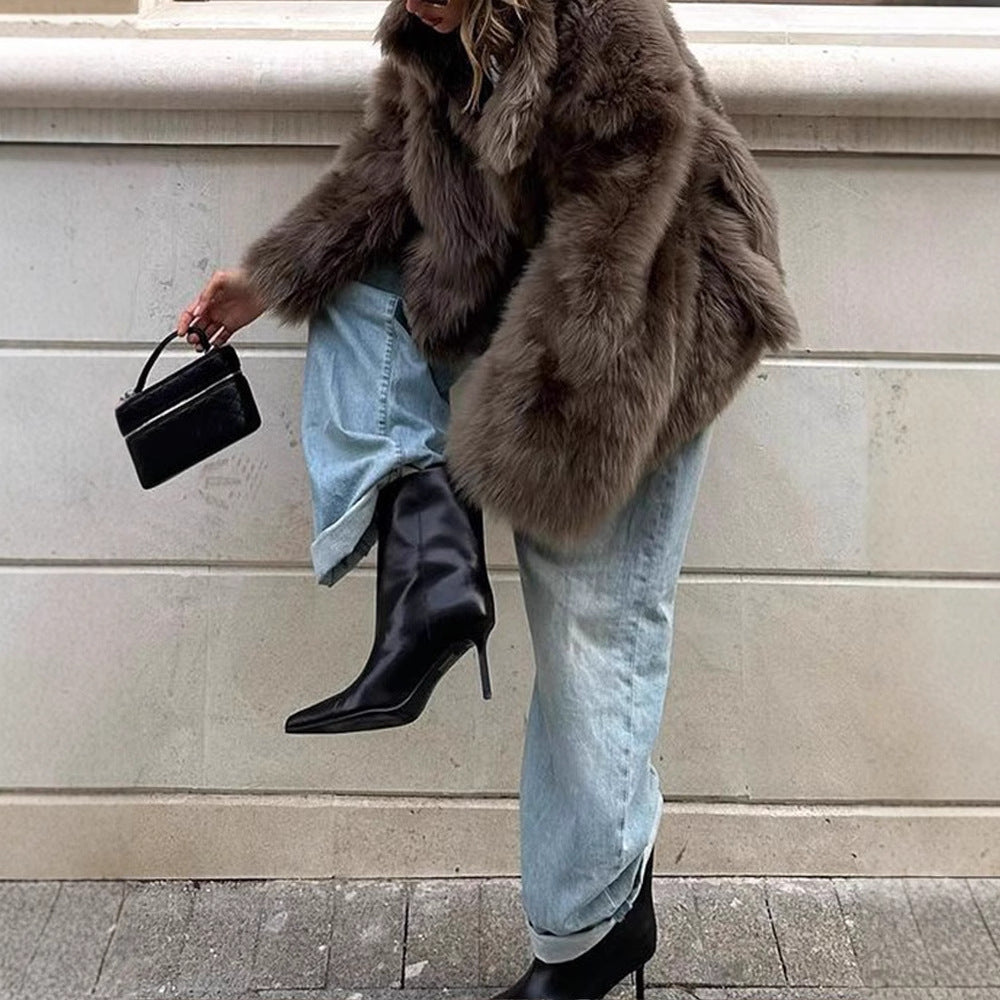 Damen Pelzjacke im modernen Oversize-Stil mit gemütlichem Kragen R&B