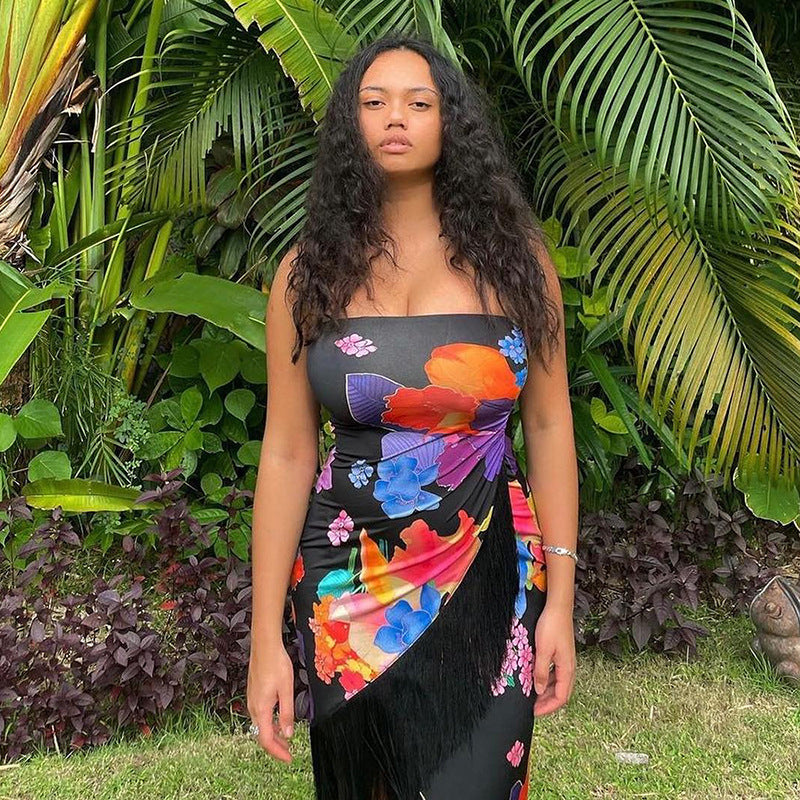 Damen Cocktailkleid mit raffinierten Fransen und floralem Print R&B