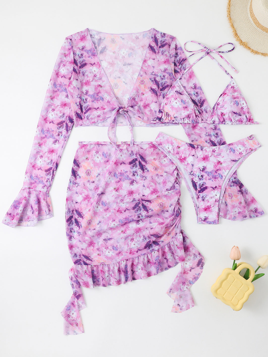 Damen Blusen-Badeoutfit mit buntem Blumenmuster R&B