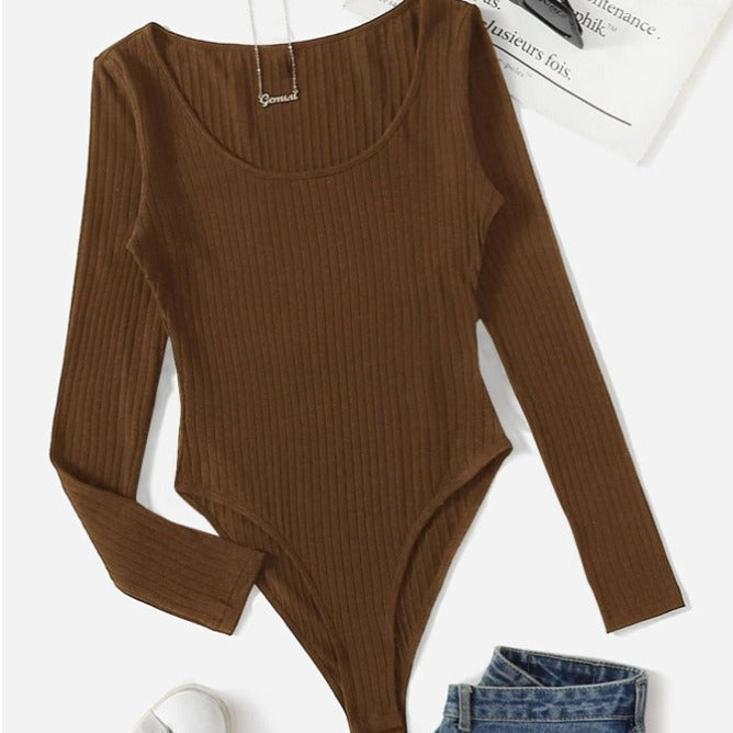 Damen Langarm-Bodysuit aus strukturierter Baumwolle R&B