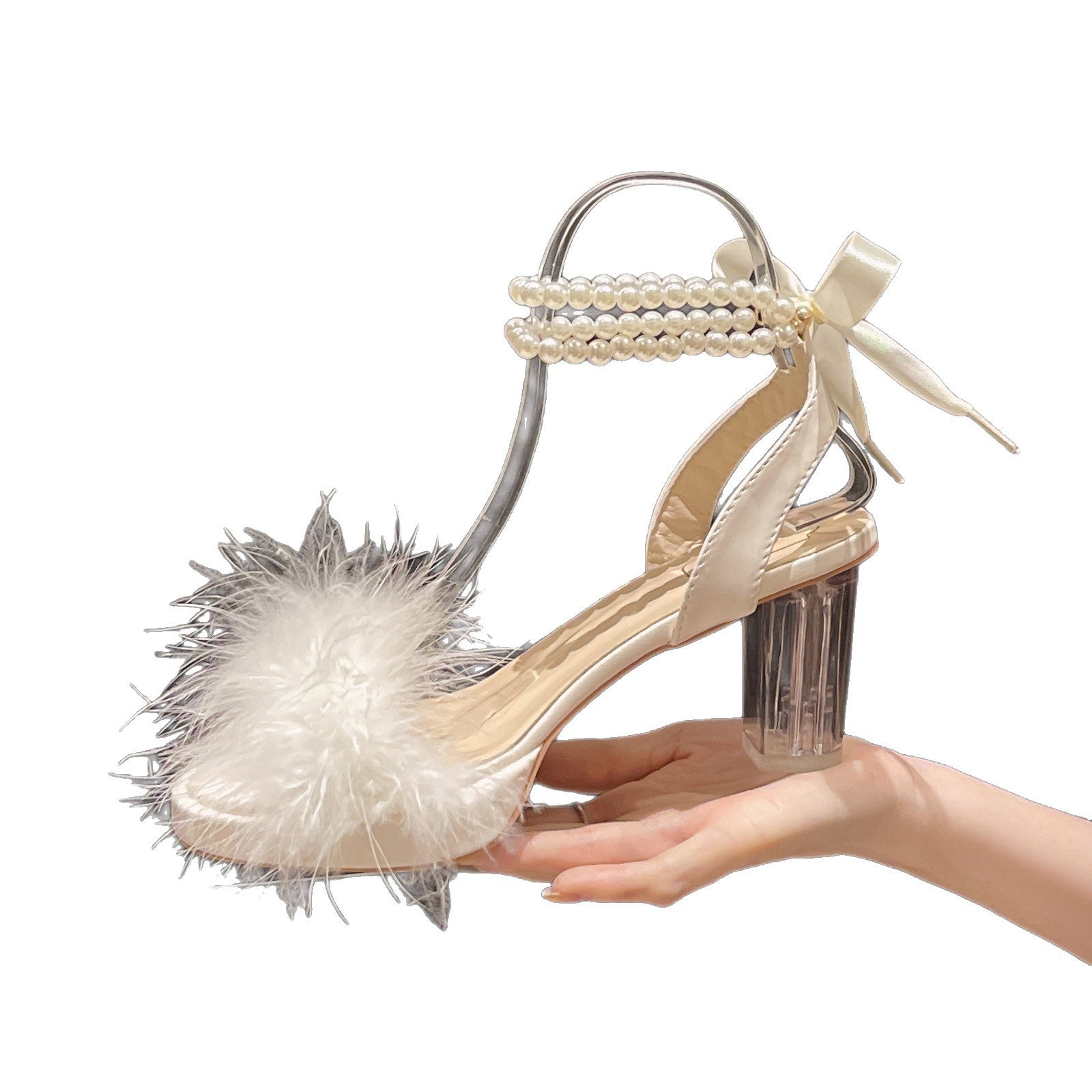 Damen transparente High Heels mit elegantem Federbesatz und Perlenschmuck R&B