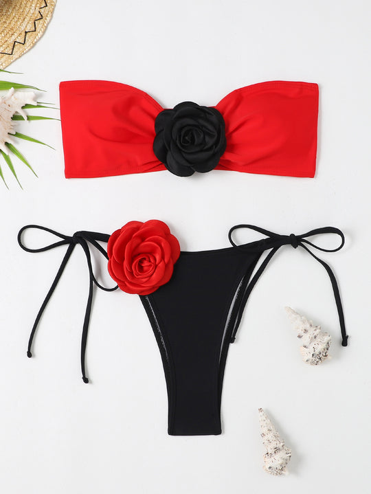 Damen Bandeau Bikini mit Blumenapplikation R&B