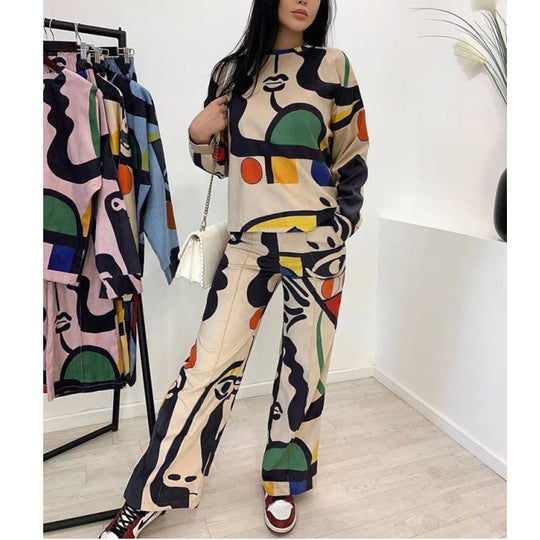 Damen Lässiges Shirt- und Hosen-Set mit buntem grafischen Muster R&B
