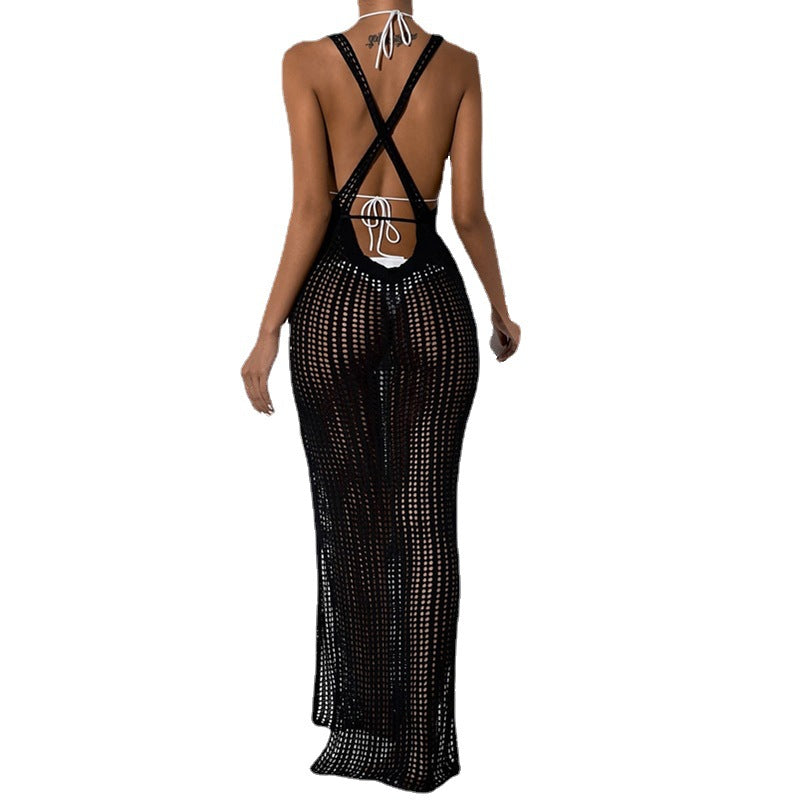 Damen gehäkeltes Maxikleid mit tailliertem Schnitt und seitlichem Kordelzug